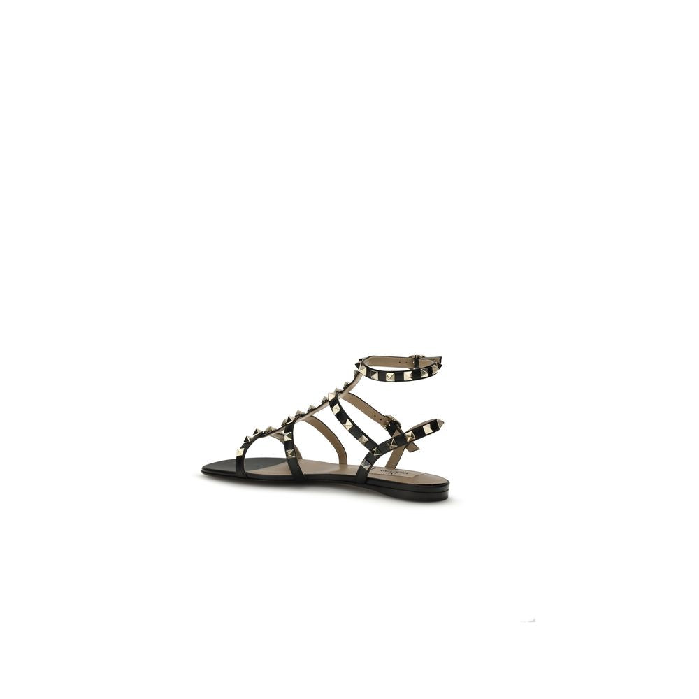 Valentino Garavani Black Calf Leather Bos Taurus Flat Sandals Valentino Garavani