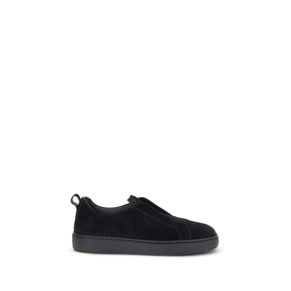 Santoni Black Calf Leather Bos Taurus Low Top Sneakers Santoni