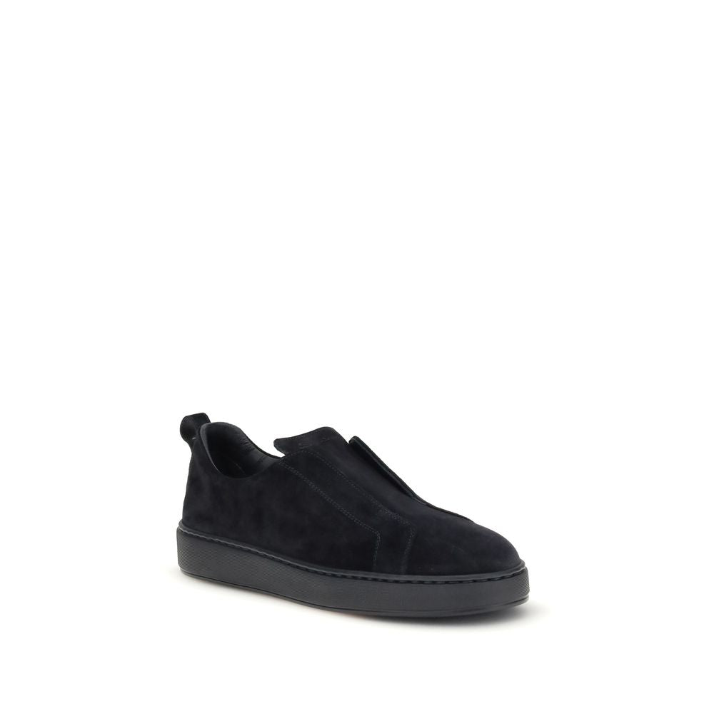 Santoni Black Calf Leather Bos Taurus Low Top Sneakers Santoni