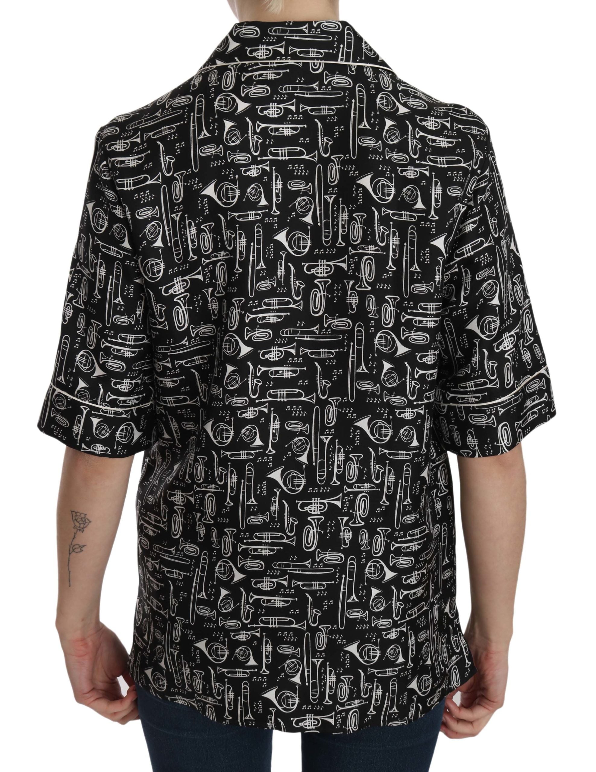 Dolce & Gabbana Black Musical Instrument Print Silk  Top Dolce & Gabbana