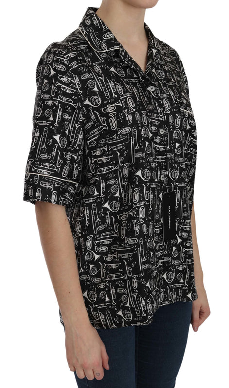 Dolce & Gabbana Black Musical Instrument Print Silk  Top Dolce & Gabbana