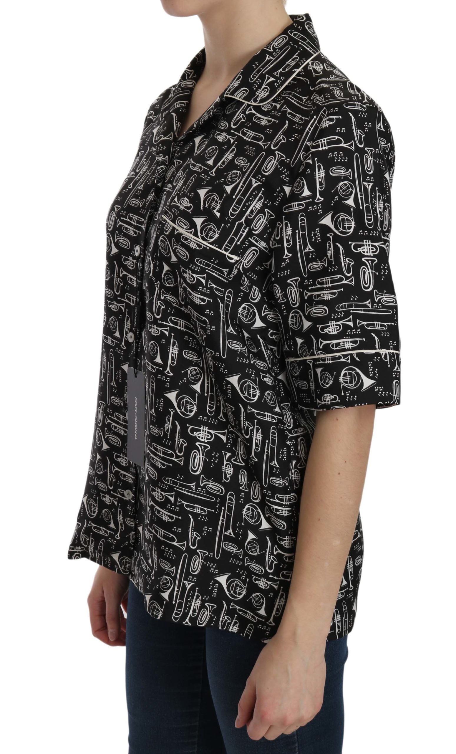 Dolce & Gabbana Black Musical Instrument Print Silk  Top Dolce & Gabbana
