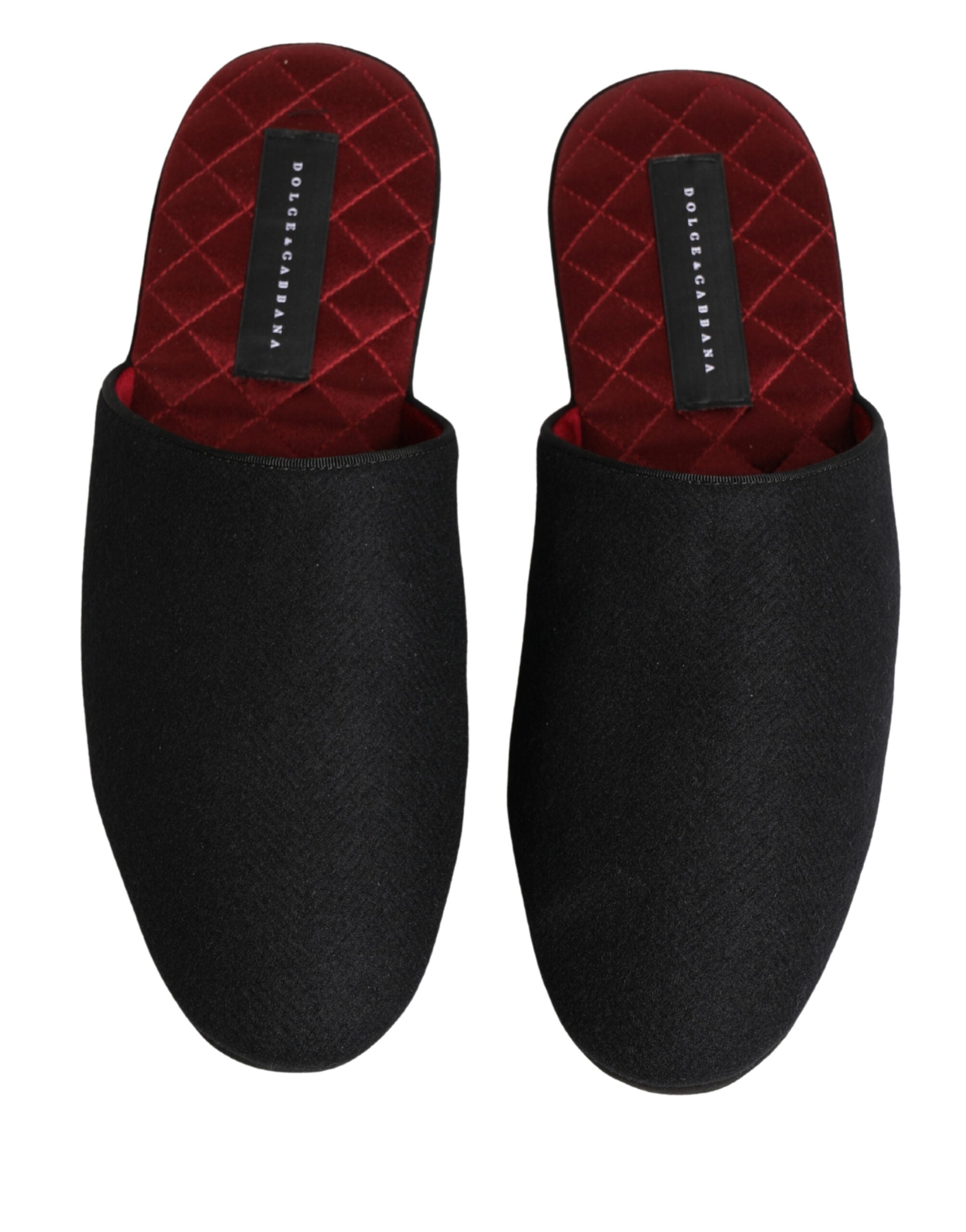 Dolce & Gabbana Black Wool Cashmere Red Quilted Slippers Shoes