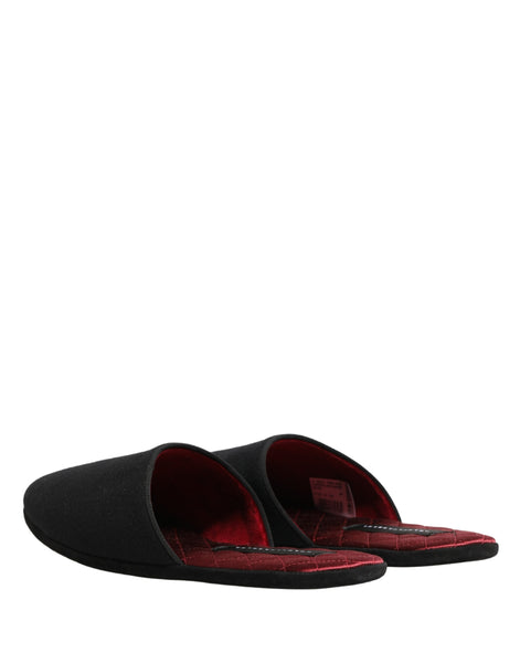 Dolce & Gabbana Black Wool Cashmere Red Quilted Slippers Shoes