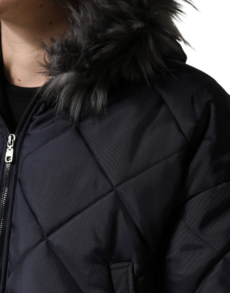 Dolce & Gabbana Black Quilted Fur Shearling Hooded  Jacket Dolce & Gabbana