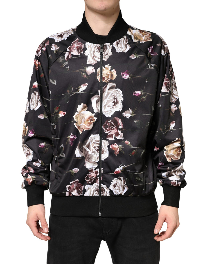 Dolce & Gabbana Black Floral Polyester Full Zip Bomber Jacket Dolce & Gabbana