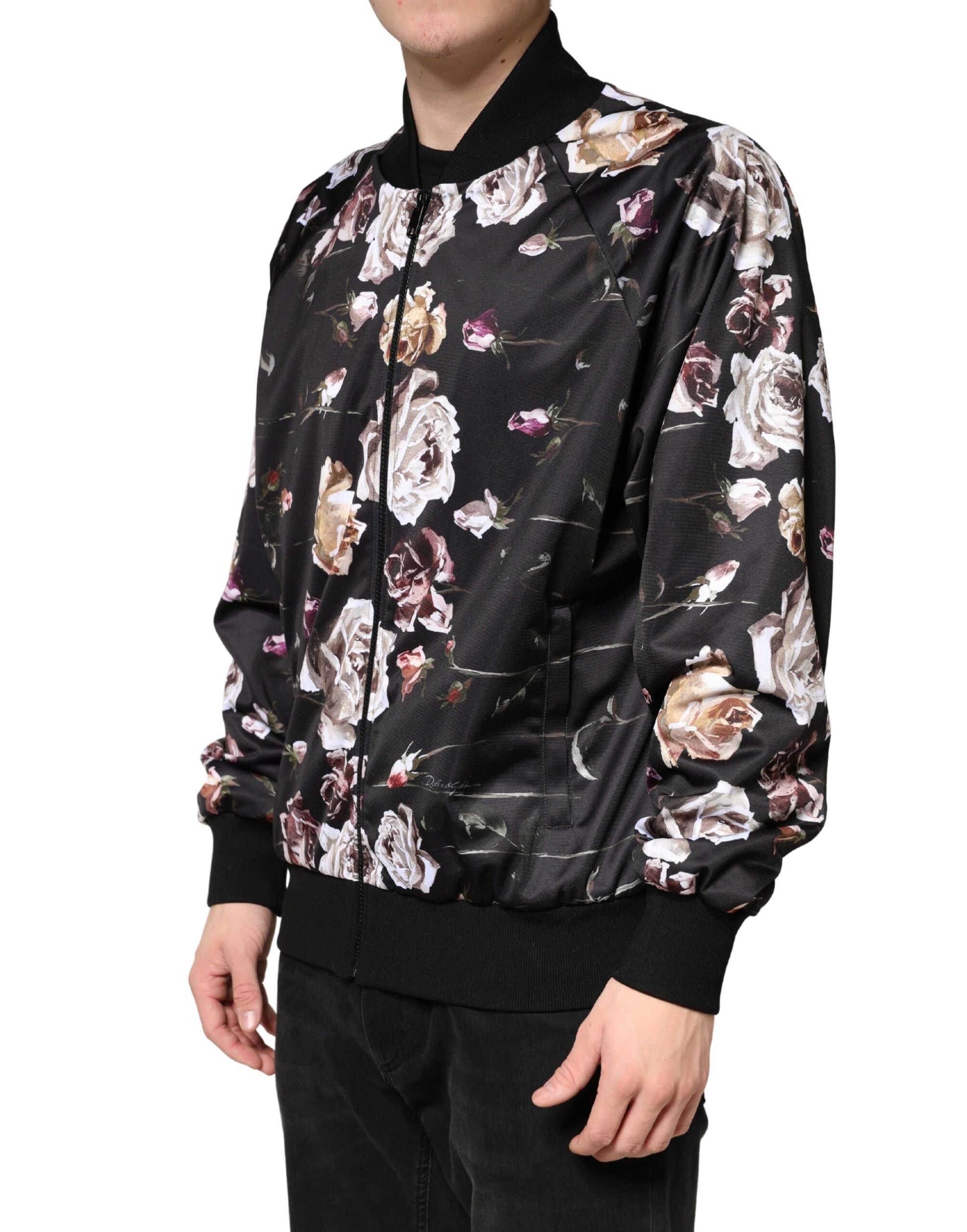Dolce & Gabbana Black Floral Polyester Full Zip Bomber Jacket Dolce & Gabbana