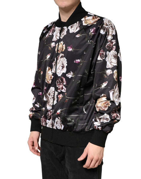 Dolce & Gabbana Black Floral Polyester Full Zip Bomber Jacket Dolce & Gabbana