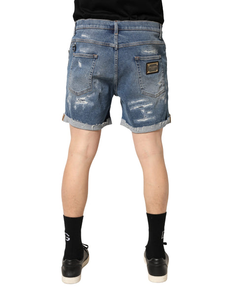 Dolce & Gabbana Blue Cotton Distressed Denim Bermuda Shorts