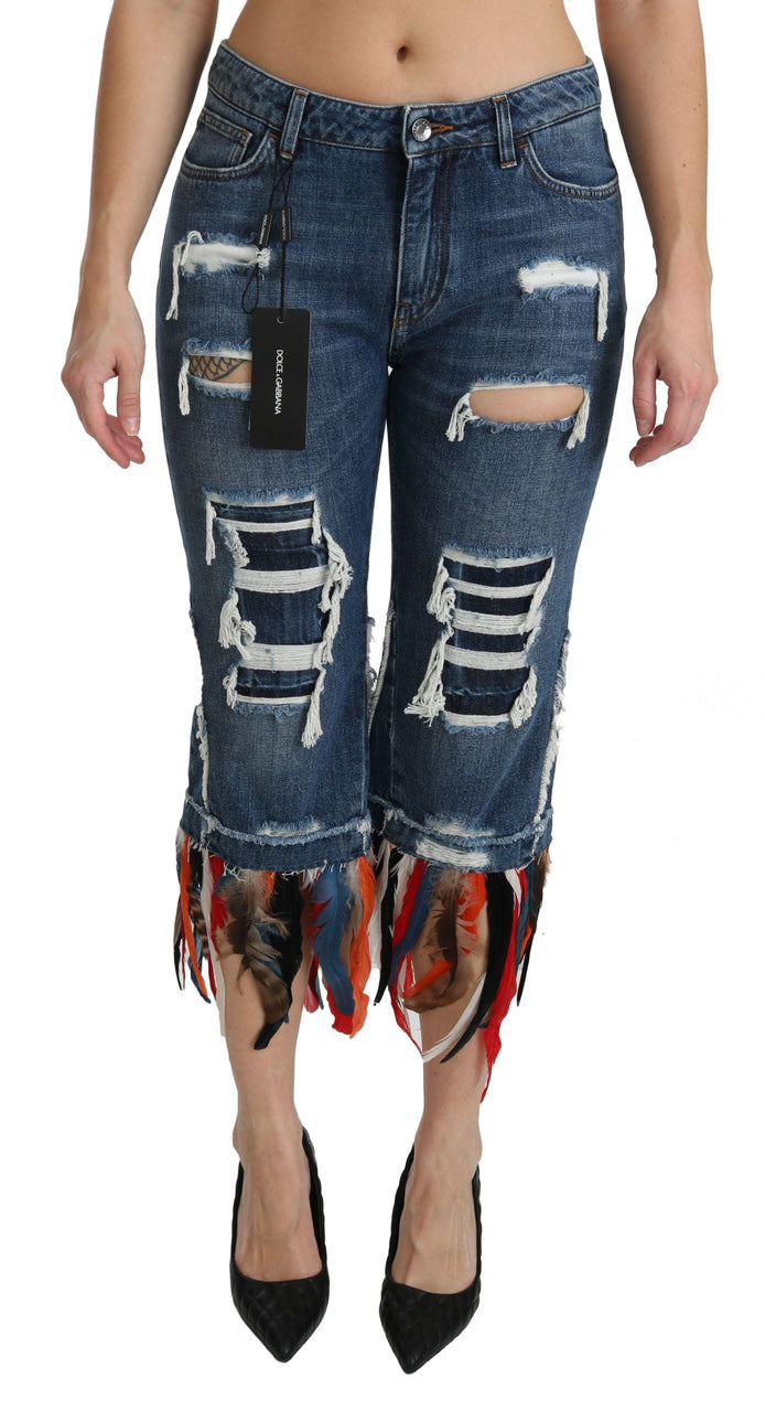 Dolce & Gabbana Blue Feathers Low Waist Cropped Cotton Jeans Dolce & Gabbana