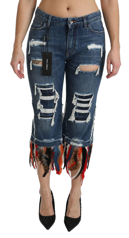 Dolce & Gabbana Blue Feathers Low Waist Cropped Cotton Jeans Dolce & Gabbana