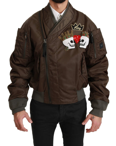 Dolce & Gabbana Brown Beaded Crown Skull Logo Jacket Dolce & Gabbana