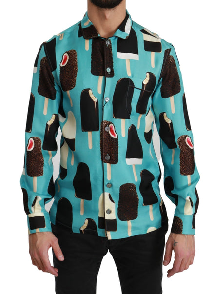 Dolce & Gabbana Blue Silk Ice Cream Print Casual Shirt Dolce & Gabbana