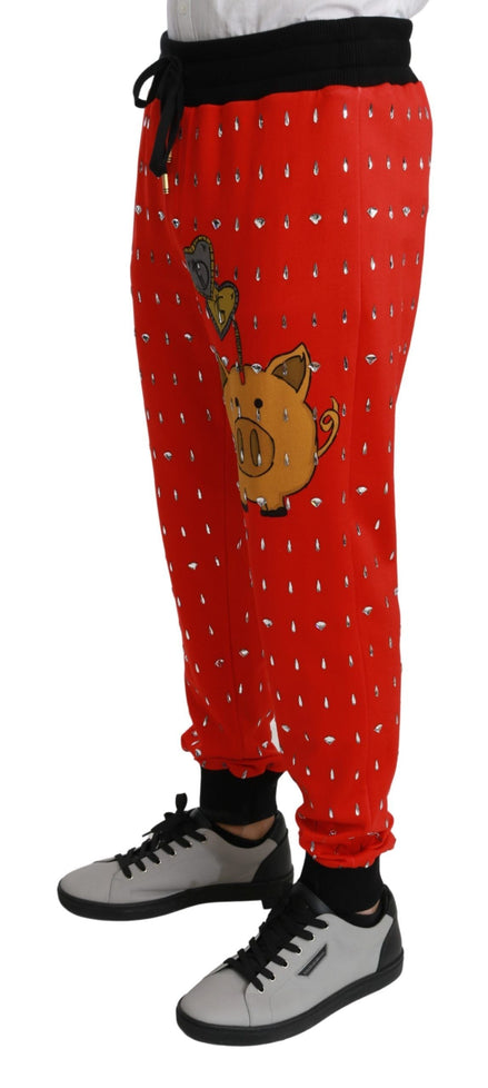 Dolce & Gabbana Red Piggy Bank Cotton Crystal Trousers Pants Dolce & Gabbana