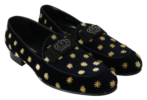 Dolce & Gabbana Blue Velvet Crown Slippers Loafers Shoes Dolce & Gabbana