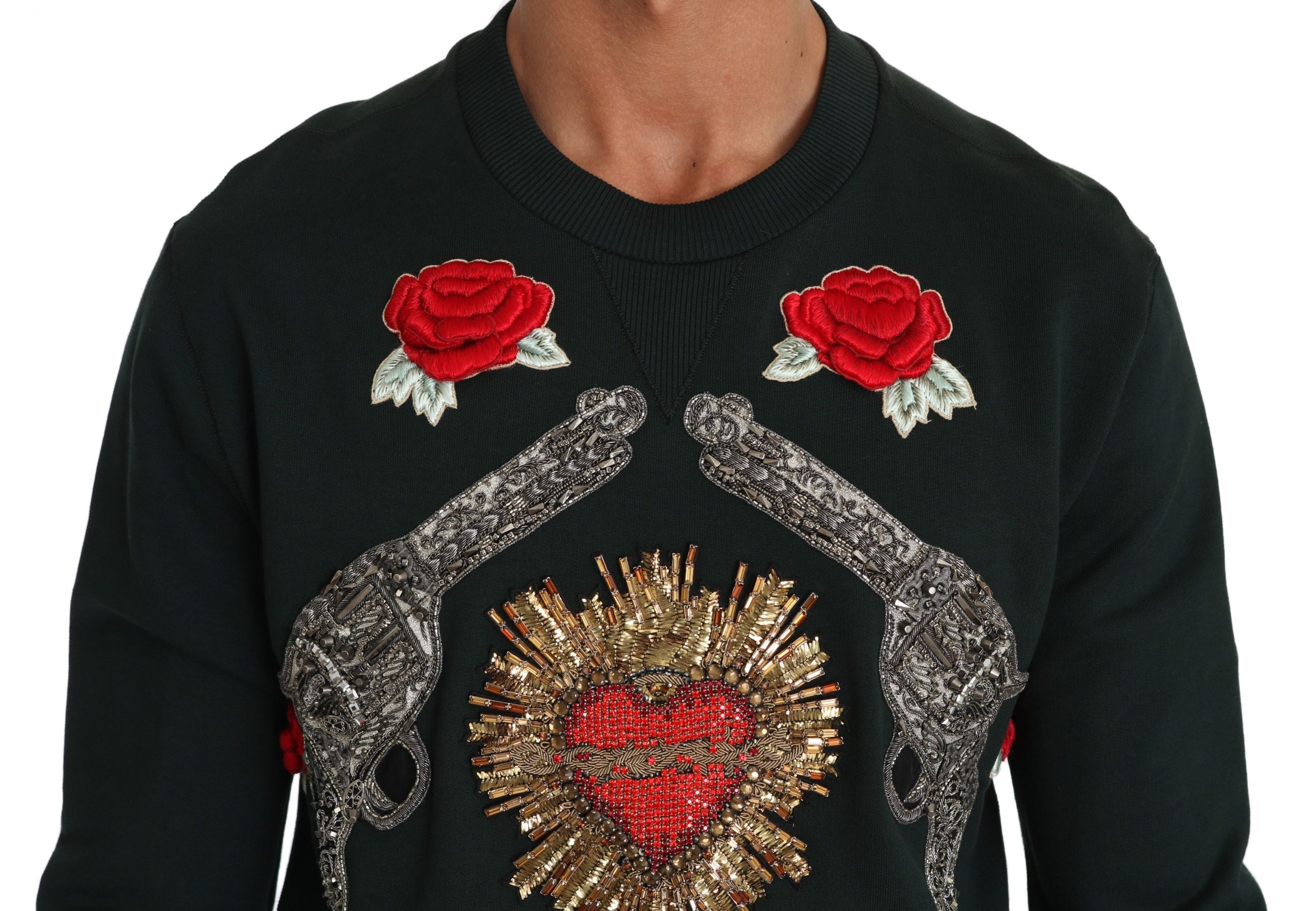 Dolce & Gabbana Green Crystal Heart Roses Gun Sweater Dolce & Gabbana
