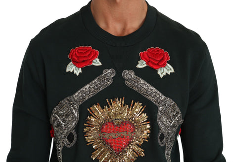 Dolce & Gabbana Green Crystal Heart Roses Gun Sweater Dolce & Gabbana