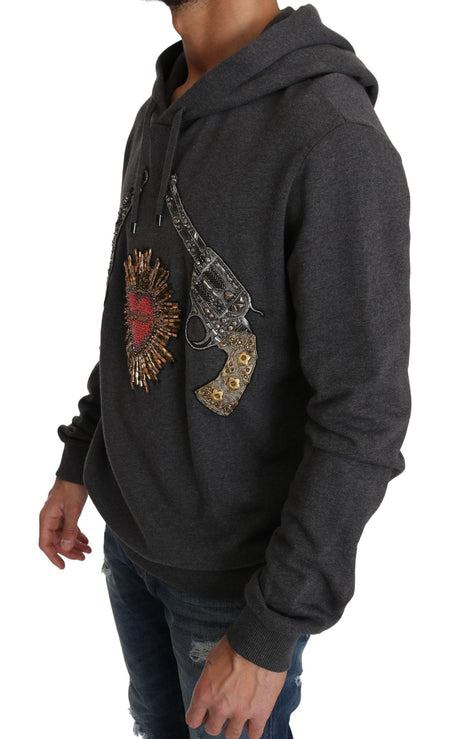 Dolce & Gabbana Gray Hooded Red Crystal Heart Gun Sweater Dolce & Gabbana