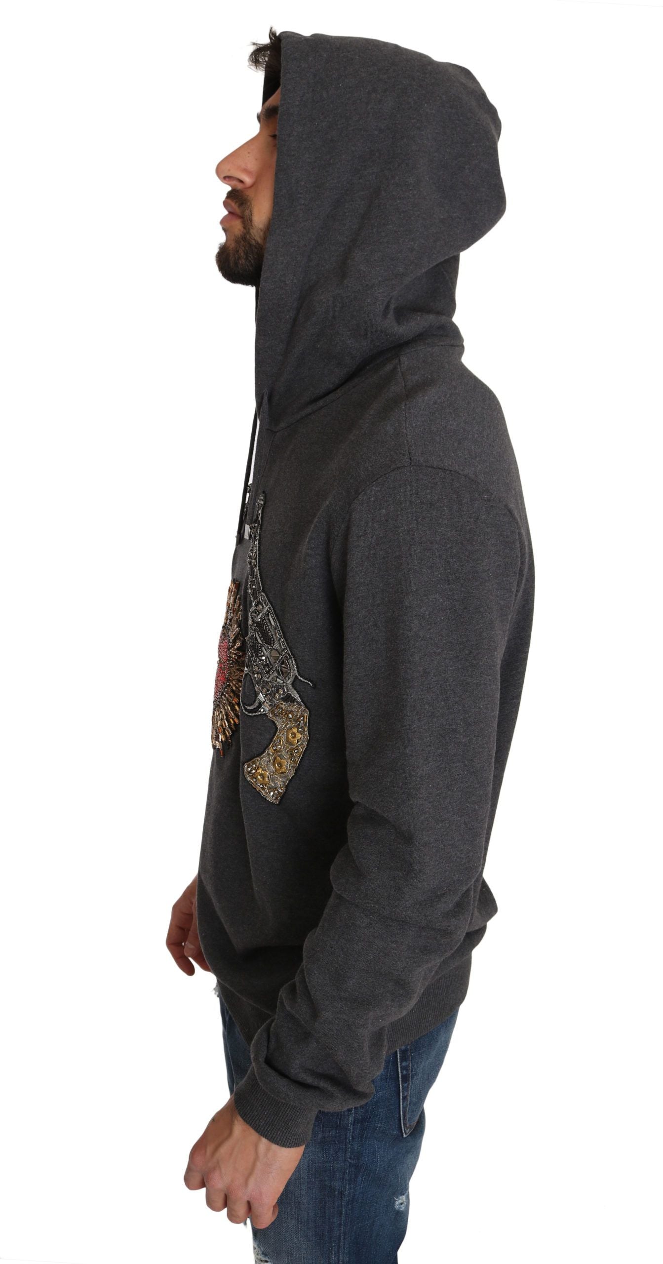 Dolce & Gabbana Gray Hooded Red Crystal Heart Gun Sweater Dolce & Gabbana