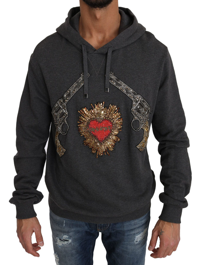 Dolce & Gabbana Gray Hooded Red Crystal Heart Gun Sweater Dolce & Gabbana