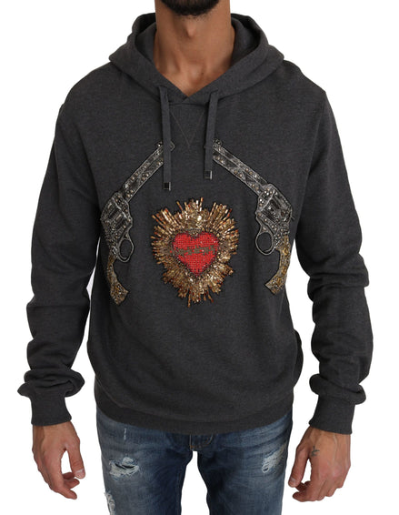 Dolce & Gabbana Gray Hooded Red Crystal Heart Gun Sweater Dolce & Gabbana