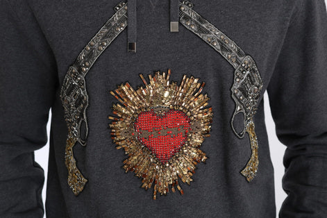 Dolce & Gabbana Gray Hooded Red Crystal Heart Gun Sweater Dolce & Gabbana