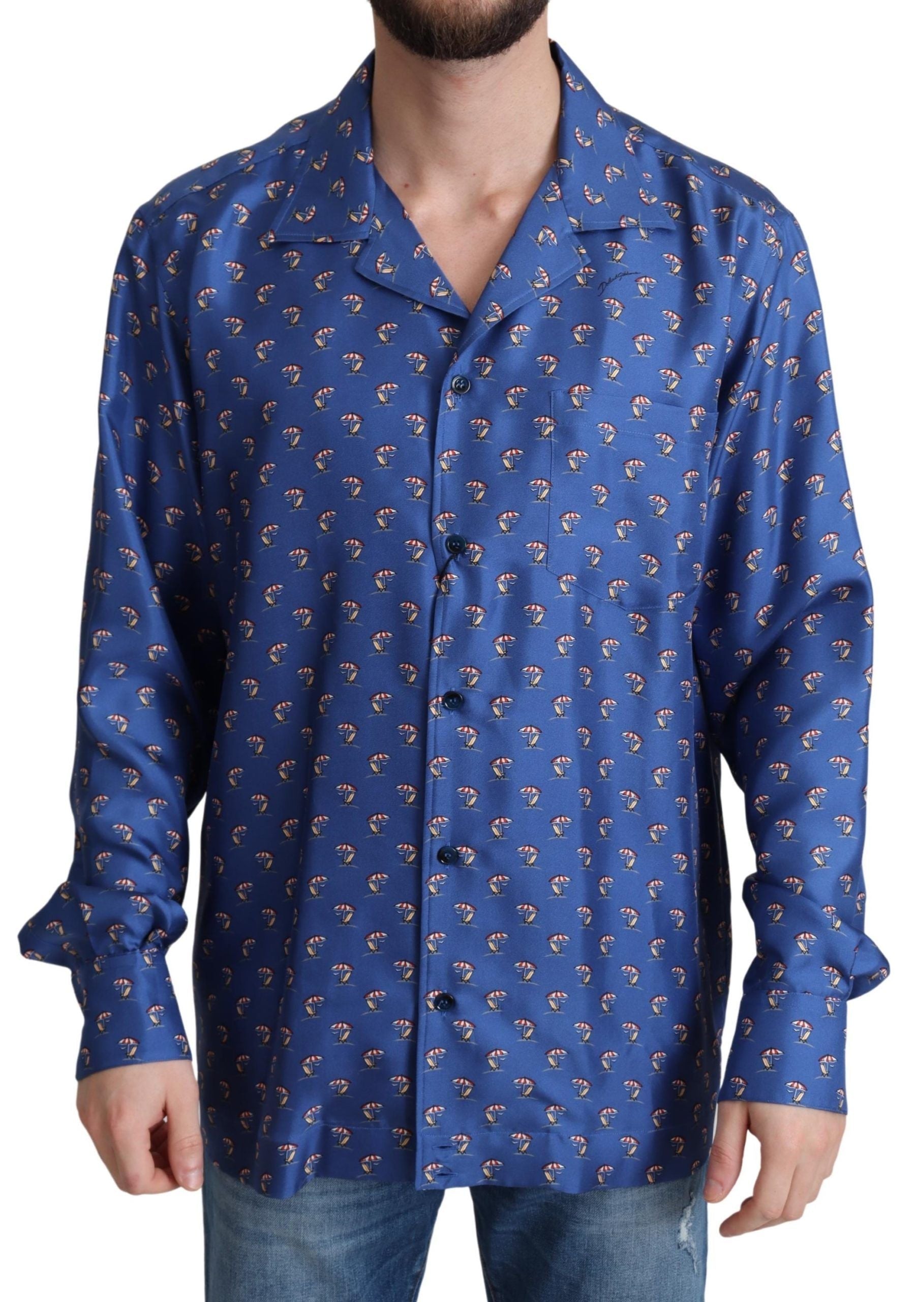 Dolce & Gabbana Blue Beach Chair Umbrella Print Silk Shirt Dolce & Gabbana