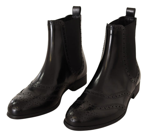 Dolce & Gabbana Black Leather Ankle High Flat Boots Shoes Dolce & Gabbana