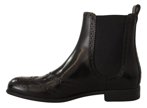 Dolce & Gabbana Black Leather Ankle High Flat Boots Shoes Dolce & Gabbana