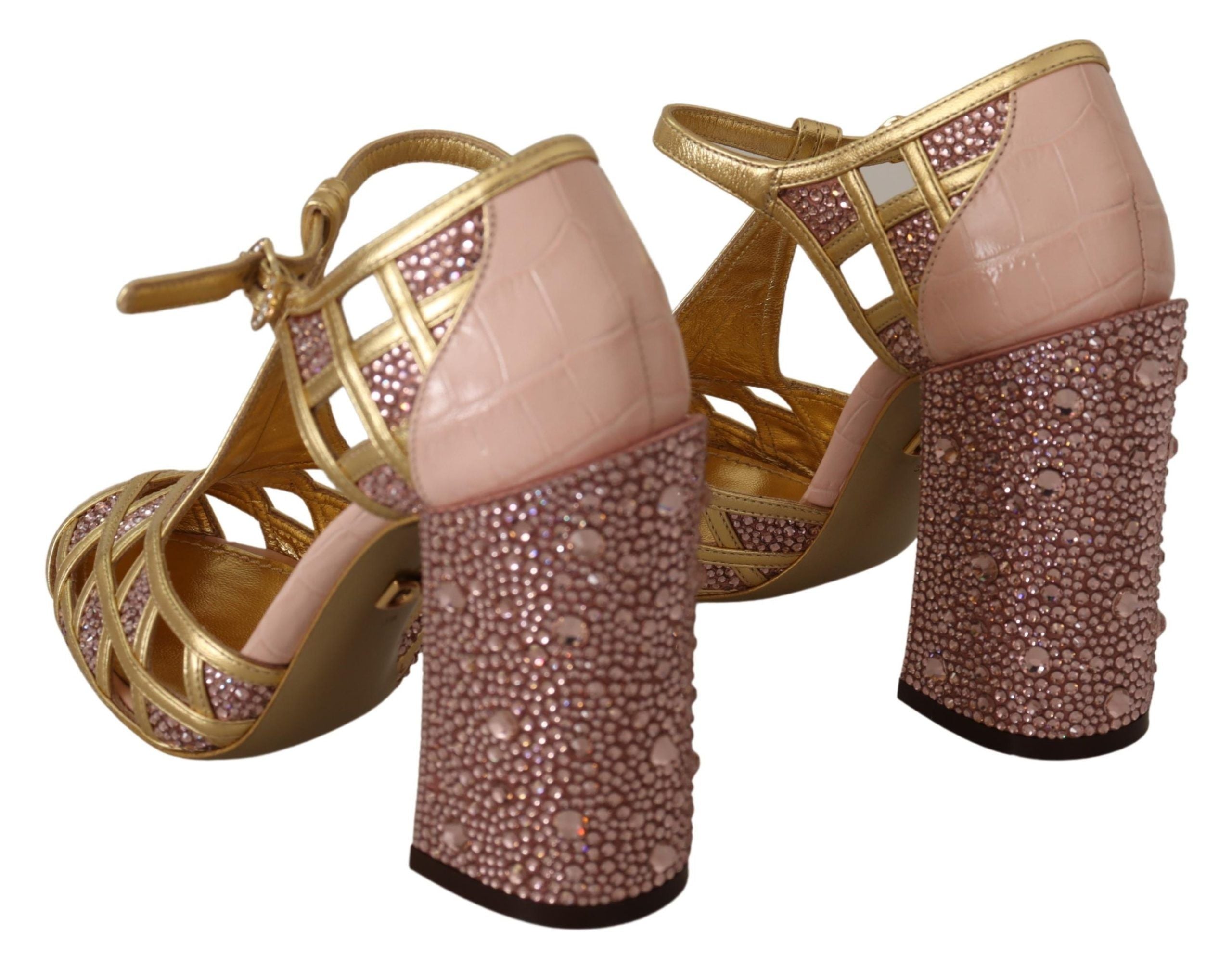 Dolce & Gabbana Pink Gold Leather Crystal Pumps T-strap Shoes Dolce & Gabbana