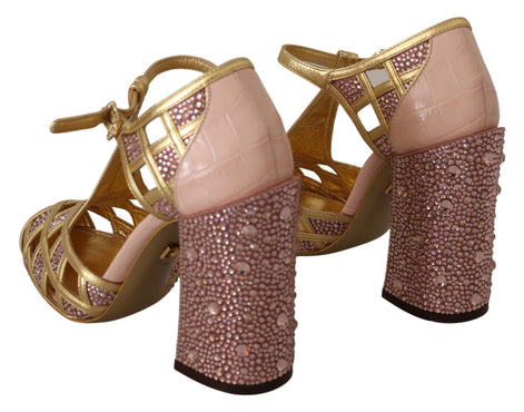 Dolce & Gabbana Pink Gold Leather Crystal Pumps T-strap Shoes Dolce & Gabbana