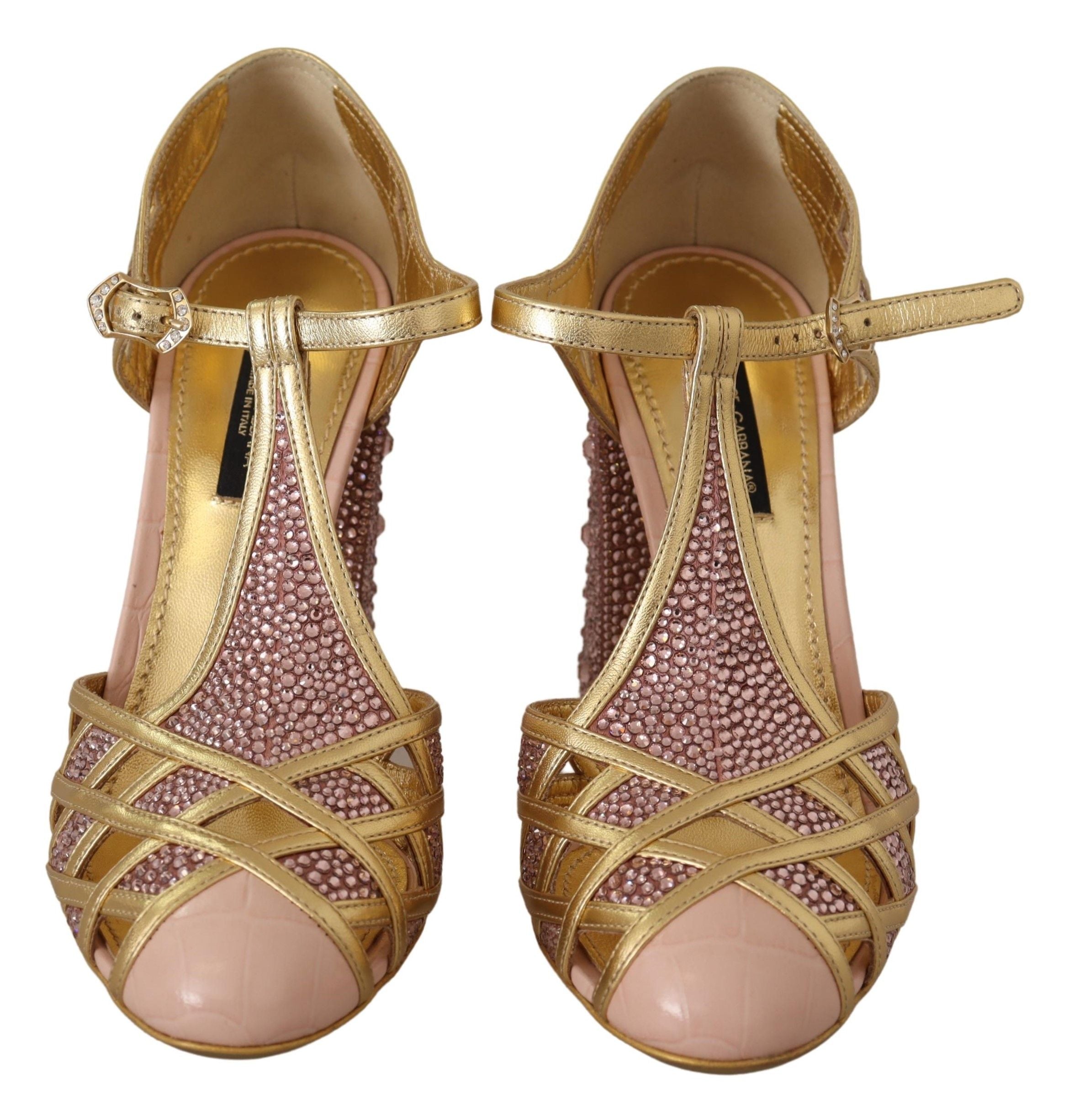 Dolce & Gabbana Pink Gold Leather Crystal Pumps T-strap Shoes Dolce & Gabbana