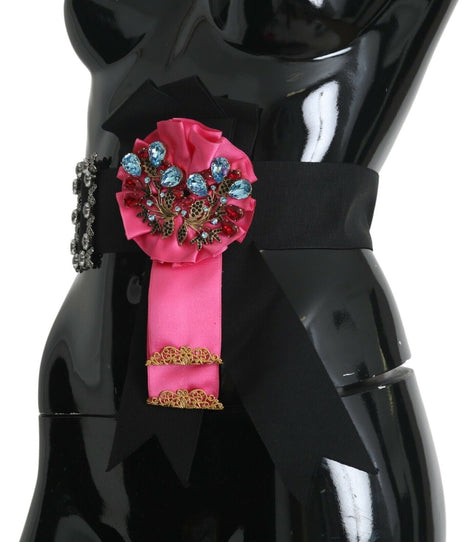 Dolce & Gabbana Black Pink Flower Brooch Crystals Cotton Belt Dolce & Gabbana