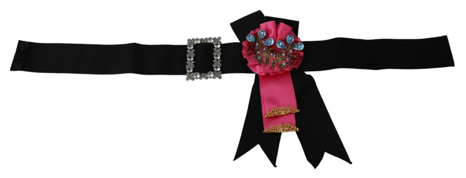 Dolce & Gabbana Black Pink Flower Brooch Crystals Cotton Belt Dolce & Gabbana