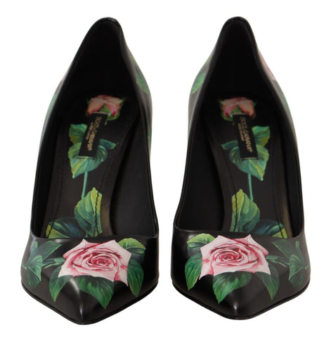 Dolce & Gabbana Black Leather Roses High Heels Pumps Shoes Dolce & Gabbana