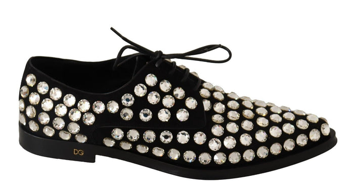Dolce & Gabbana Black Leather Crystals Lace Up Formal Shoes Dolce & Gabbana