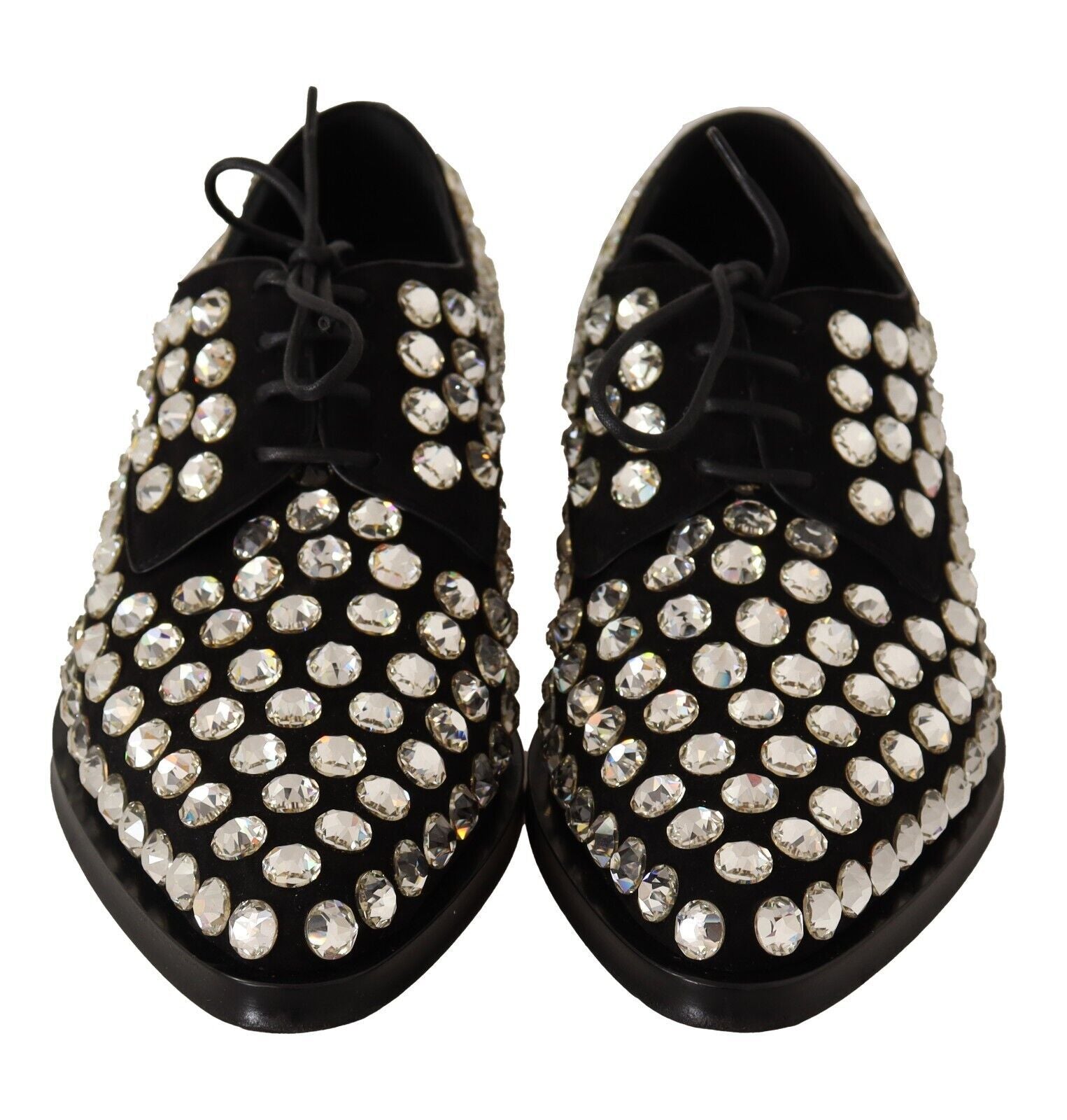 Dolce & Gabbana Black Leather Crystals Lace Up Formal Shoes Dolce & Gabbana