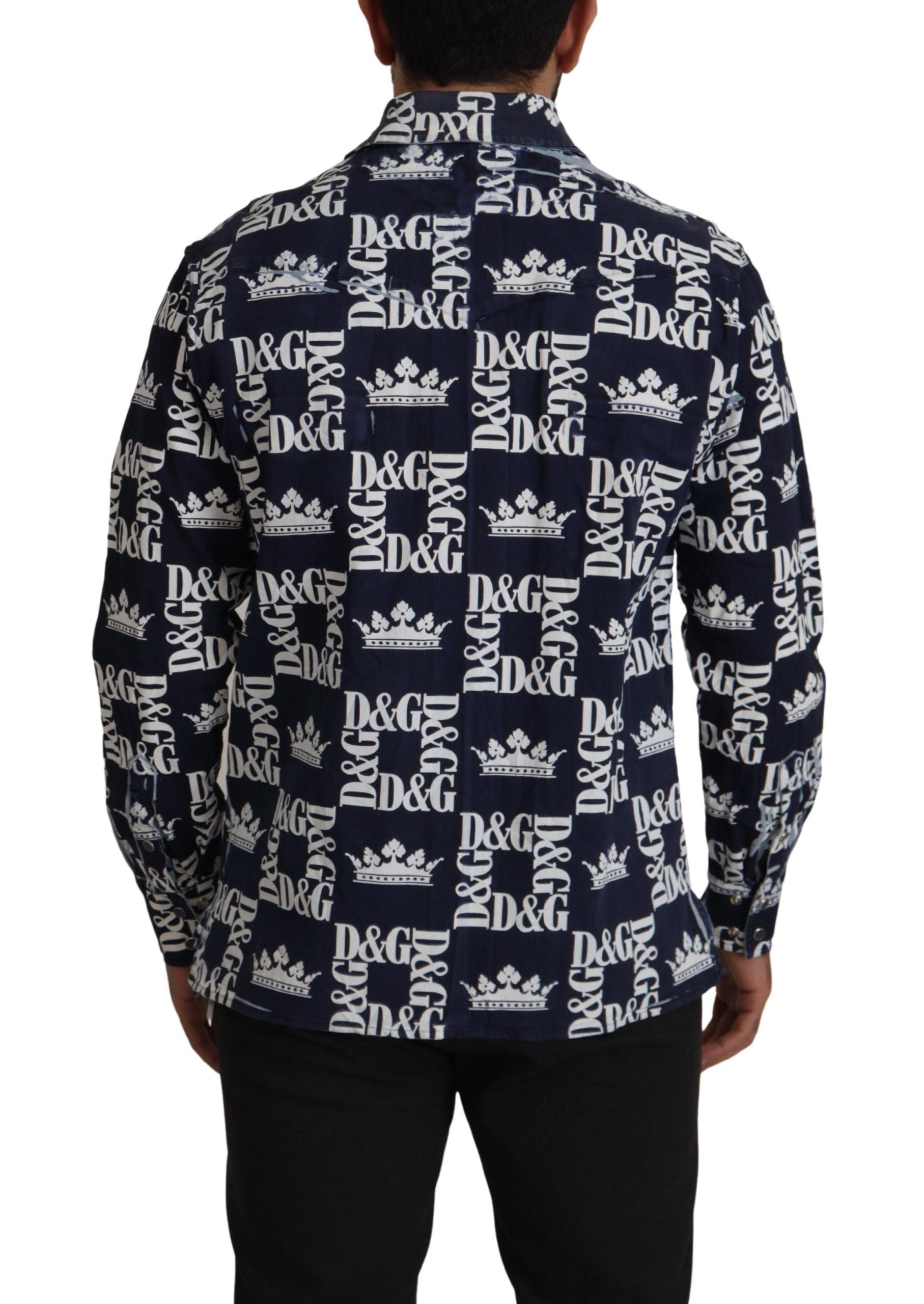 Dolce & Gabbana Blue Denim Stretch DG Crown Logo Casual Shirt Dolce & Gabbana
