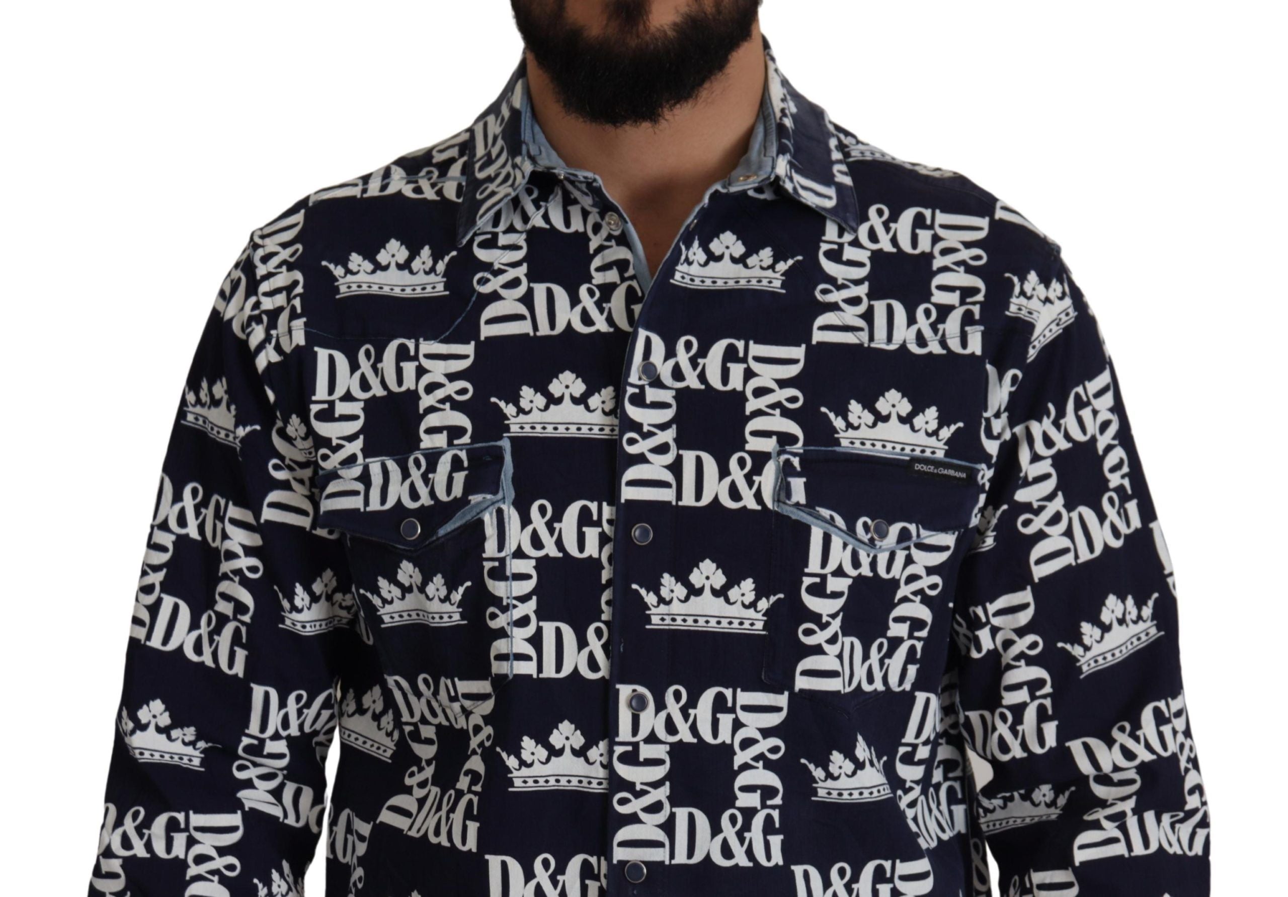 Dolce & Gabbana Blue Denim Stretch DG Crown Logo Casual Shirt Dolce & Gabbana