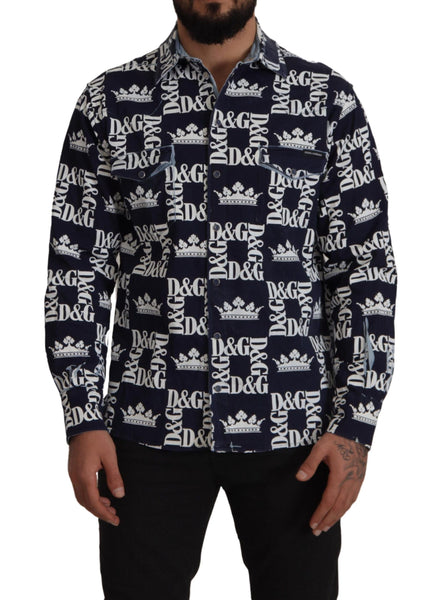 Dolce & Gabbana Blue Denim Stretch DG Crown Logo Casual Shirt Dolce & Gabbana