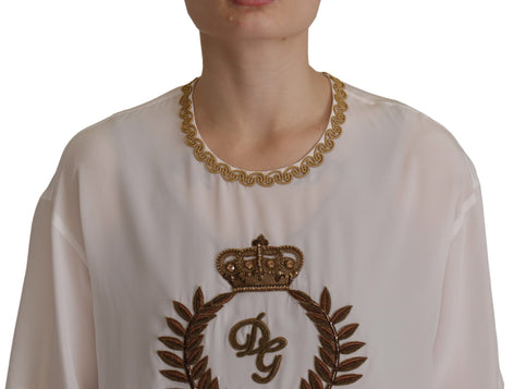 Dolce & Gabbana White Silk Gold DG Crown Crystal Blouse Top Dolce & Gabbana
