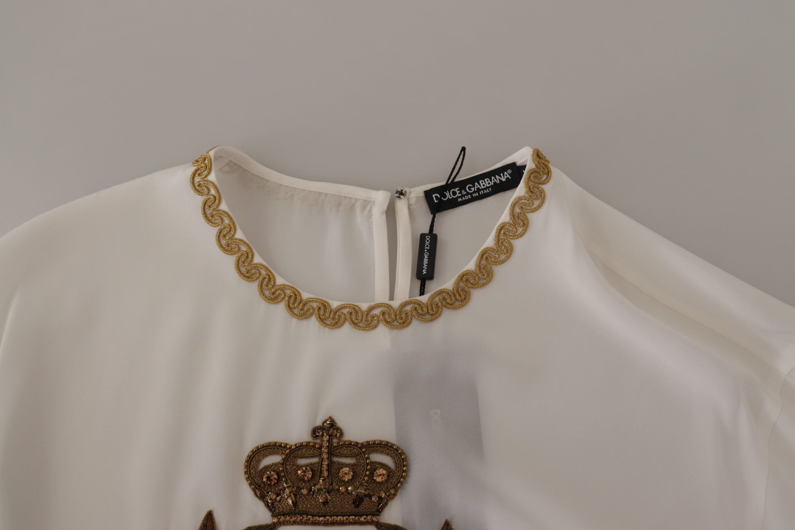 Dolce & Gabbana White Silk Gold DG Crown Crystal Blouse Top Dolce & Gabbana