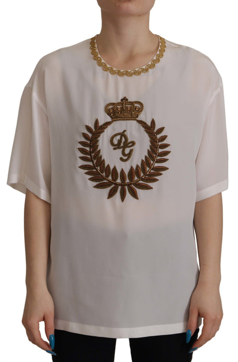 Dolce & Gabbana White Silk Gold DG Crown Crystal Blouse Top Dolce & Gabbana