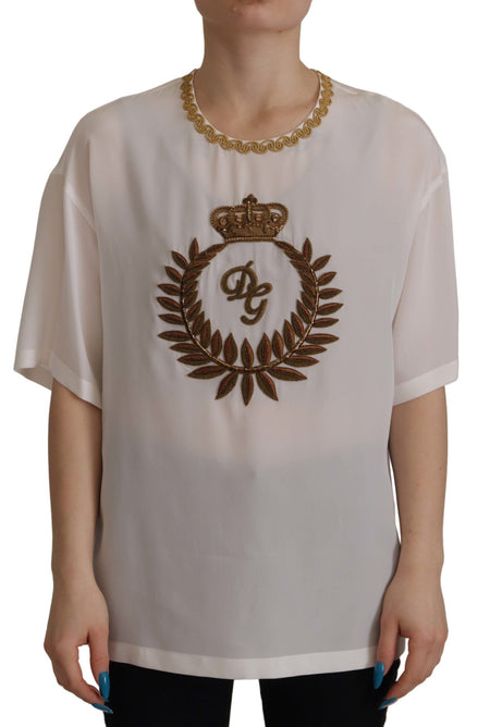 Dolce & Gabbana White Silk Gold DG Crown Crystal Blouse Top Dolce & Gabbana