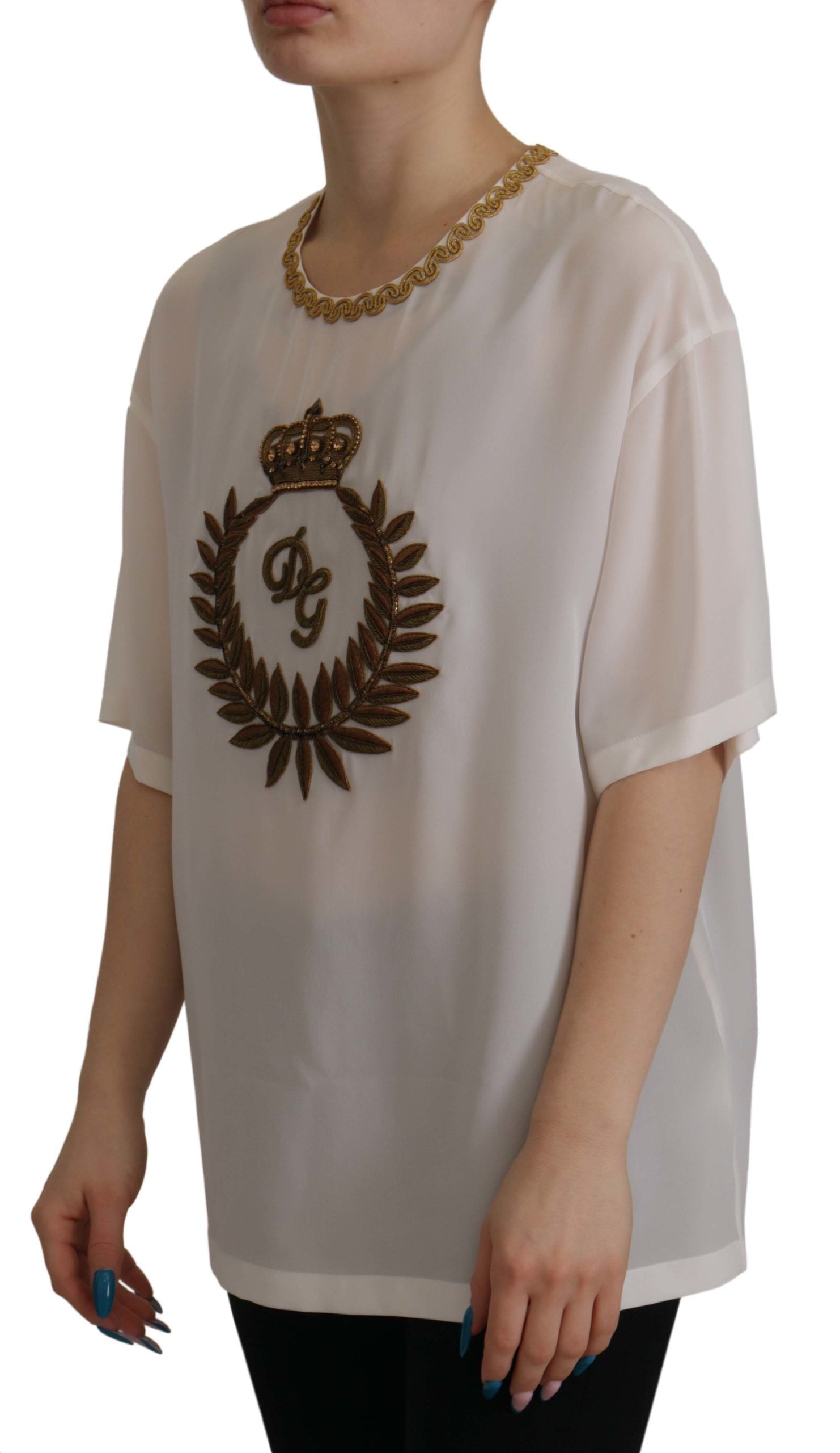 Dolce & Gabbana White Silk Gold DG Crown Crystal Blouse Top Dolce & Gabbana