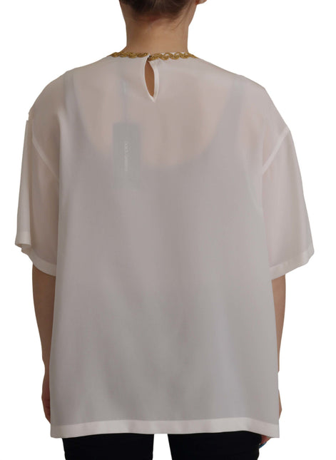 Dolce & Gabbana White Silk Gold DG Crown Crystal Blouse Top Dolce & Gabbana