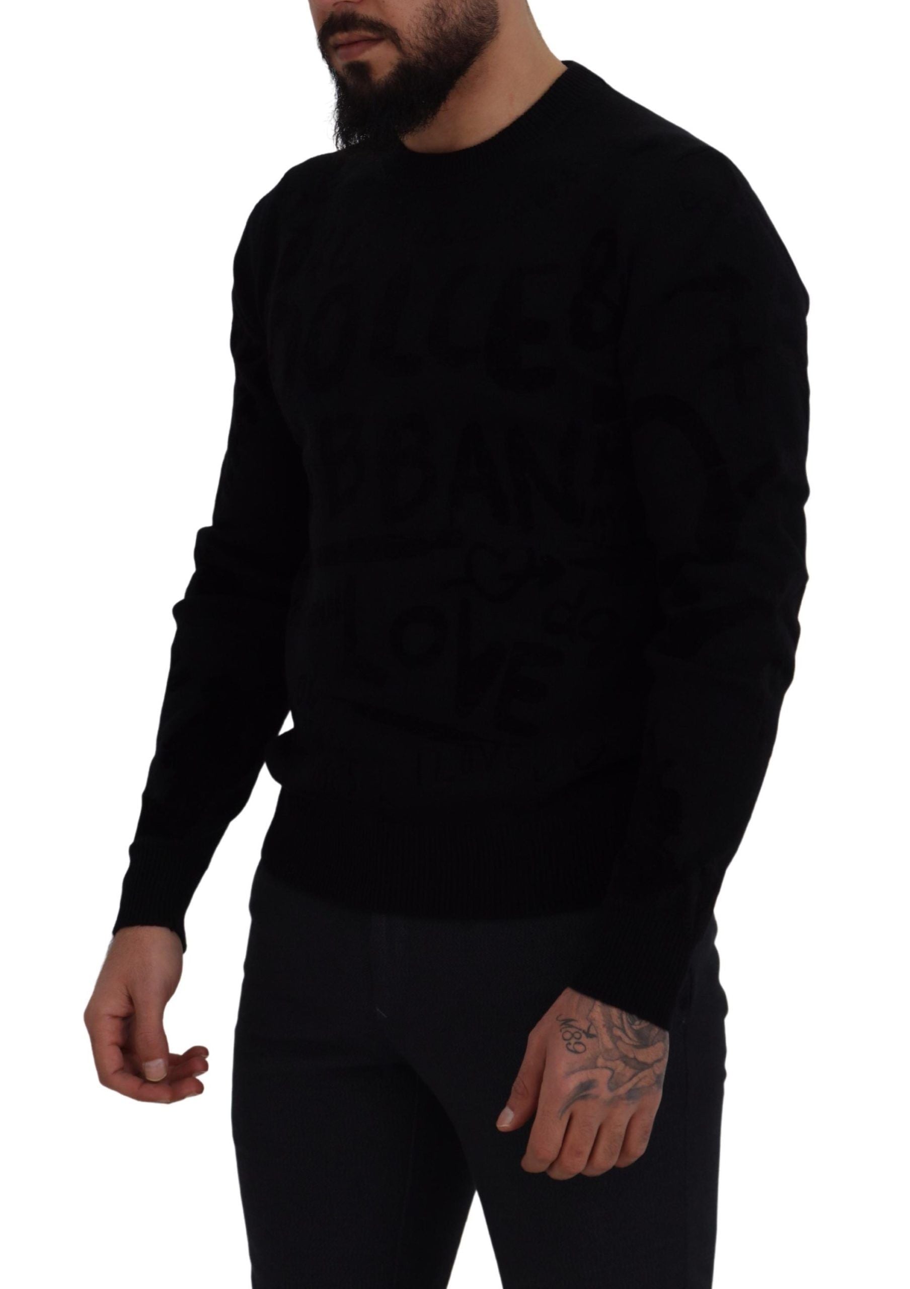 Dolce & Gabbana Black Wool Logo Pattern Crewneck Pullover Sweater Dolce & Gabbana