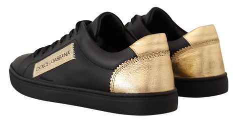 Dolce & Gabbana Black Gold Leather Low Top Sneakers Womens Shoes Dolce & Gabbana