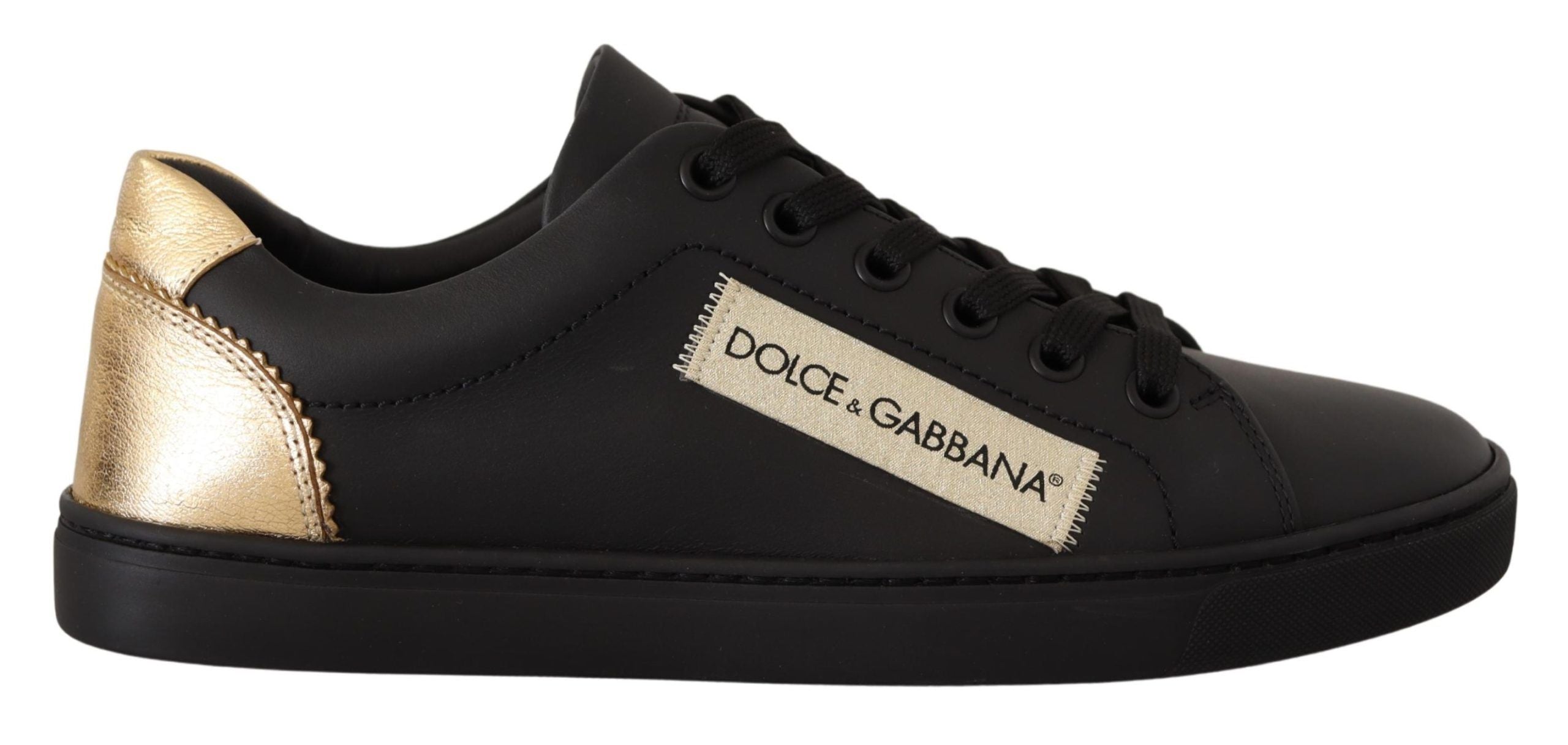 Dolce & Gabbana Black Gold Leather Low Top Sneakers Womens Shoes Dolce & Gabbana