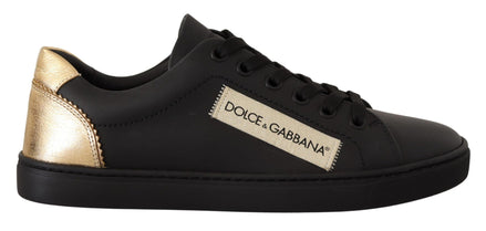 Dolce & Gabbana Black Gold Leather Low Top Sneakers Womens Shoes Dolce & Gabbana